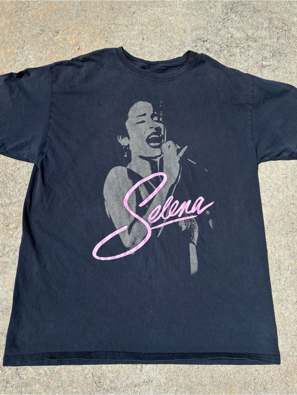 Selena Graphic Short Sleeve Tee in Black with Pink Script